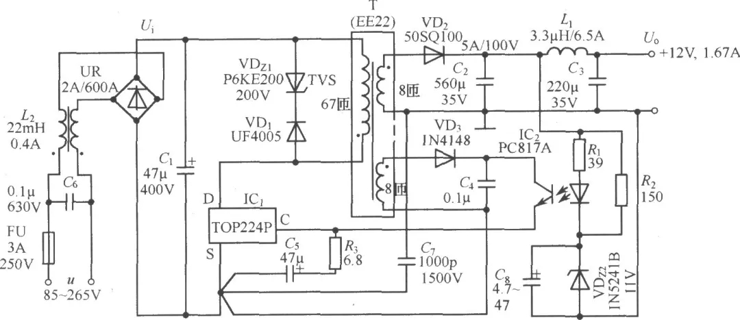 TOP224P構(gòu)成的12V、20W開(kāi)關(guān)直流穩(wěn)壓電源電路